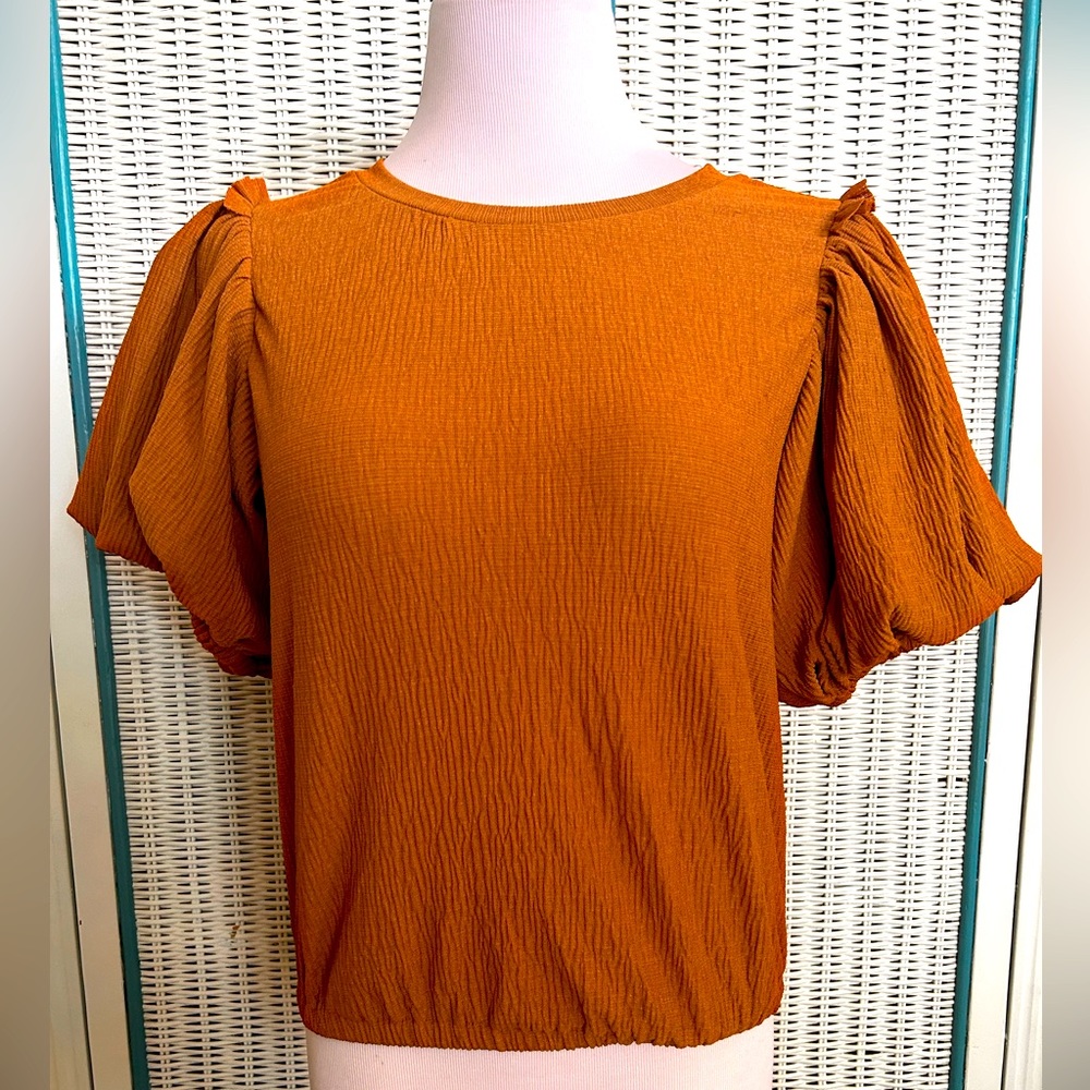 BUBBLE SLEEVE CREW NECK TOP